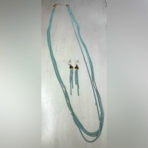 Flat Chain 4 Strand Necklace with Blue/Green Tint with Matching Earrings Set